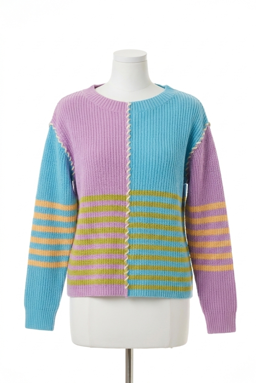 NEW TRIBAL mirelle multi stripe textured boat neck sweater in lilac rose